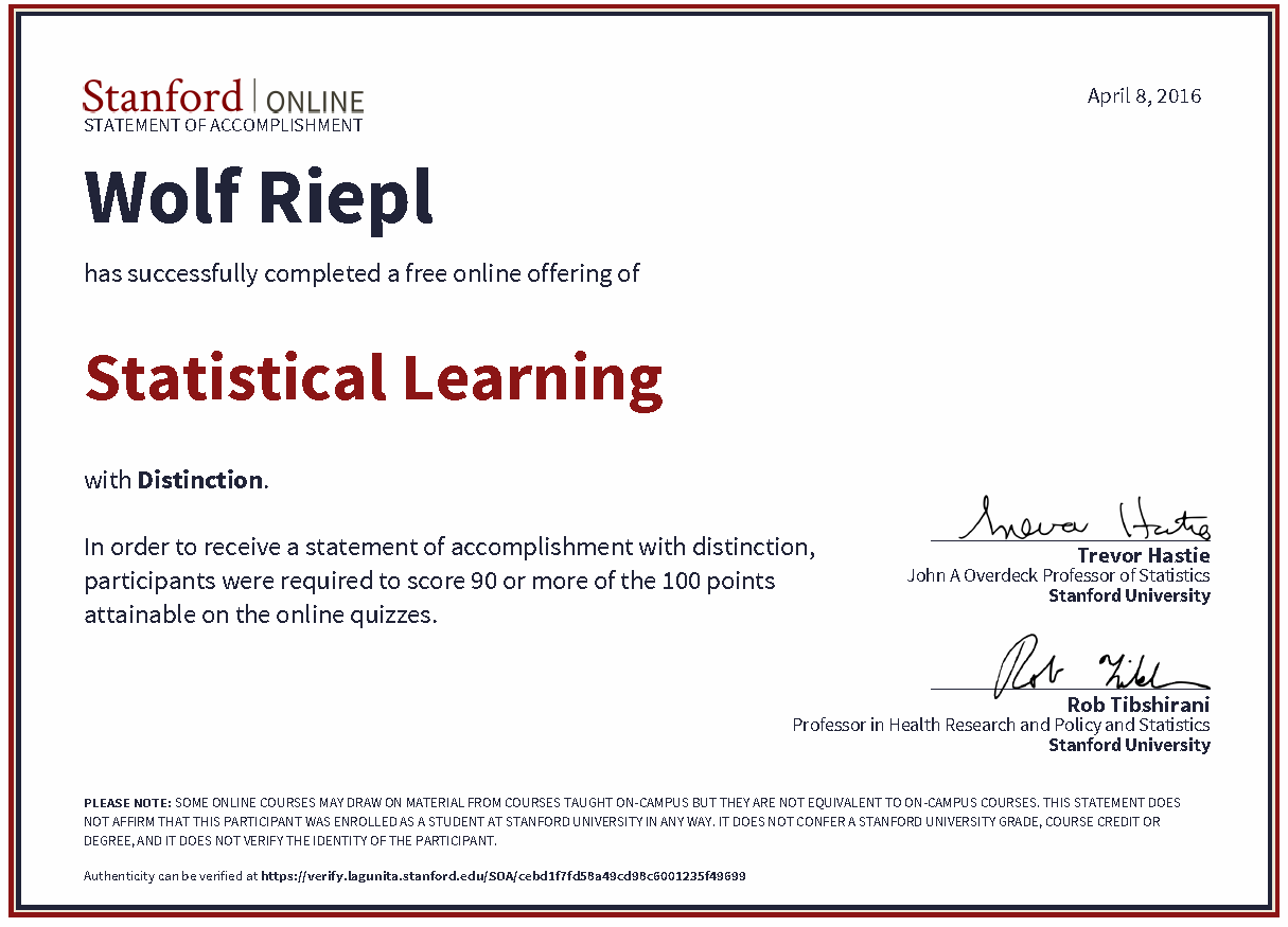 Stanford University: Statistical Learning, Certificate