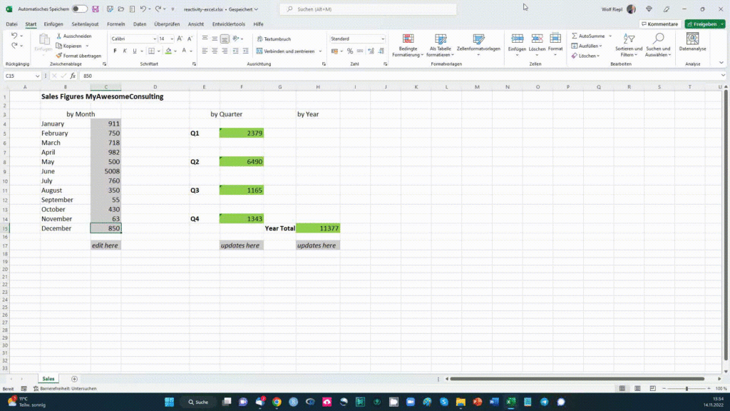 Reaktivität am Beispiel einer Excel-Mappe mit simplen Formeln