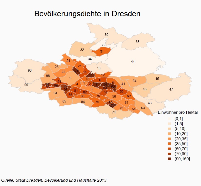 Bevölkerungsdichte in Dresden: Visualisierungsbeispiel mit R (Choroplethenkarte)