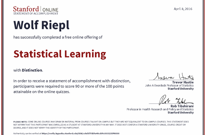 Stanford University: Statistical Learning, Certificate